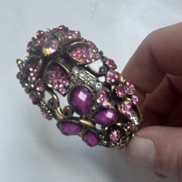 Vintage Mid Century Floral Rhinestone Clamper Bracelet Purple Pink Jewelry - Picture 10 of 16